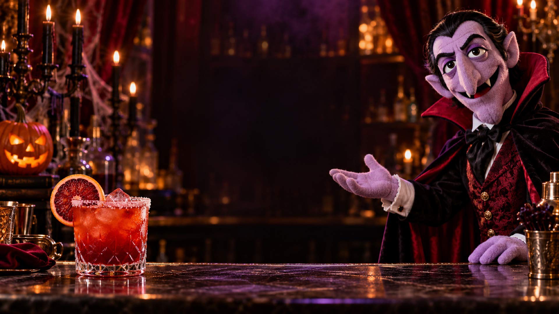 Dracula puppet at a candlelit Halloween cocktail bar