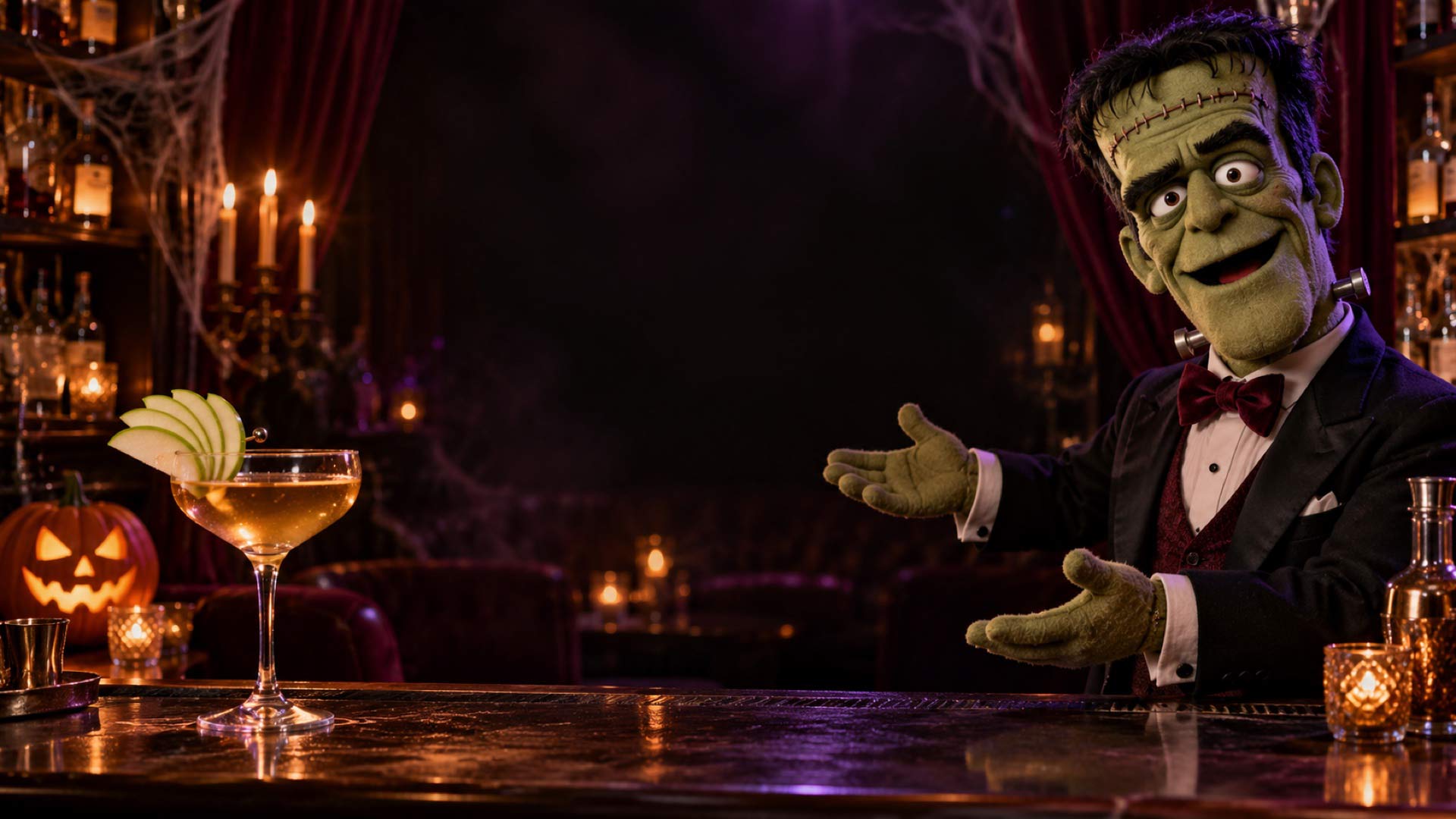 Frankenstein puppet at a candlelit Halloween cocktail bar