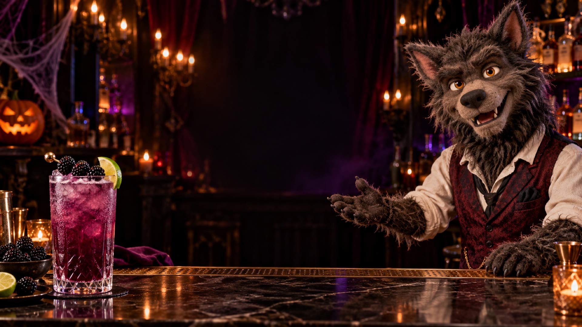 Werewolf puppet at a candlelit Halloween cocktail bar