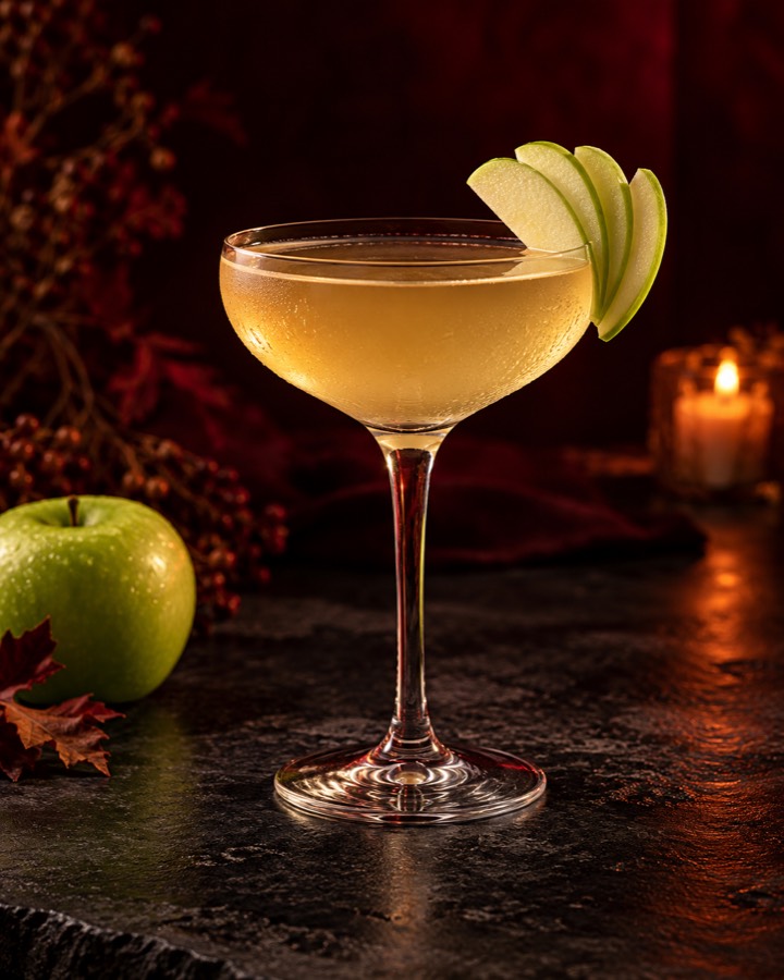 Golden apple martini in a coupe with fresh apple slices