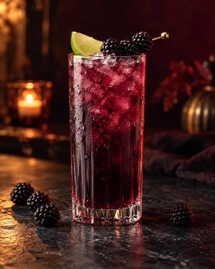 Blackberry mule with lime and blackberries in a tall glass