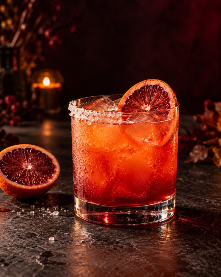 Blood orange margarita with a salted rim and blood orange wheel