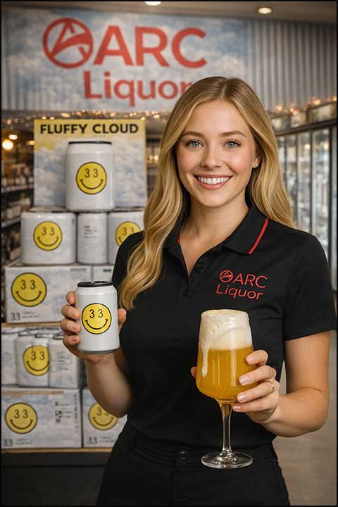 pic of Alicia, standing by a Display of 33 Acres Fluffy Cloud Hazy IPA Beer at the Kelowna Arc Liquor Store with their logo in the background