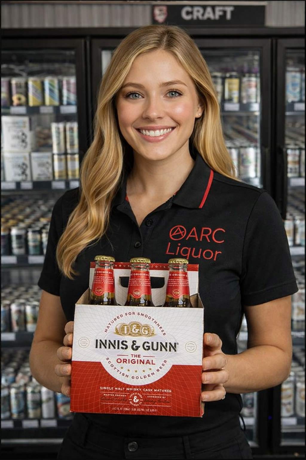 Alicia standing in front of the coolers at ARC Liquor (Harvey Ave, Kelowna) featuring Innis & Gunn Original