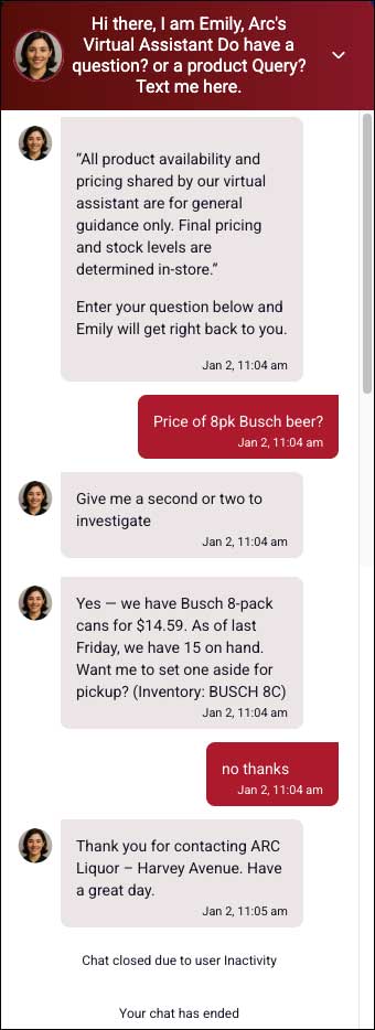 image of an text chat conversation between a customer and Emily, our AI Bot