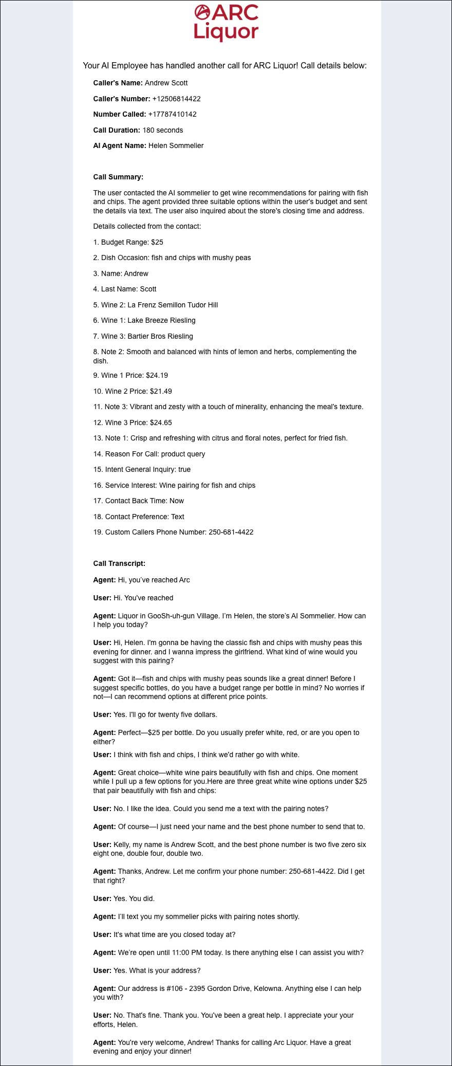 image of notes that the AI used for her pairings