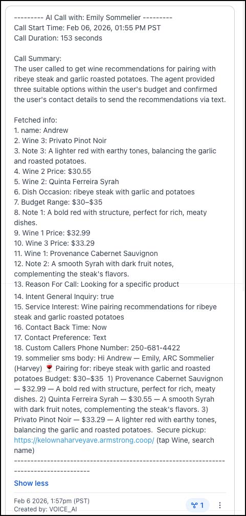 image of the recommendations the AI sent to the customer.