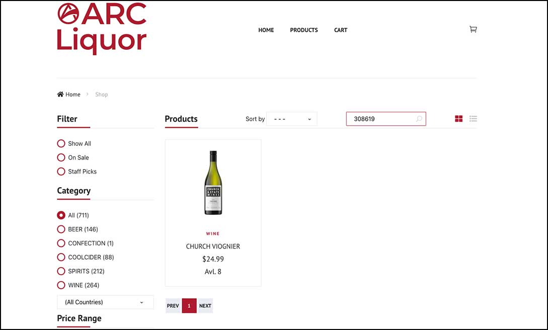 screenshot of the ARC ecommerce website, highligting the correct sku number for 'Church Viognier' 