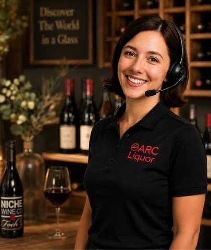 Emily wearing a headset and ARC Liquor polo in a wine-store setting
