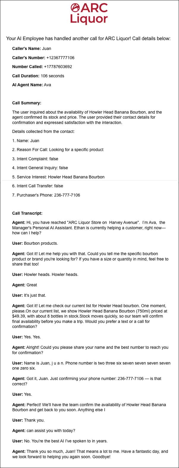 image of an email that the AI sent to the store manager.